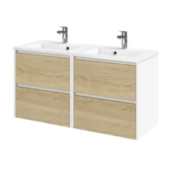 Tiger Reverse Meubelset 2x60 Cm Met 4 Lades Naturel Eik / Mat Wit Inclusief 2 Quadro Wastafels Hoogglans Wit