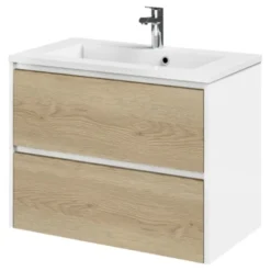 Tiger Reverse Meubelset 80 Cm Met 2 Lades Naturel Eik / Mat Wit Inclusief Quadro Wastafel Hoogglans Wit