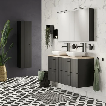 Tiger Maryport Badkamermeubelset 120 cm Mat zwart met licht eiken houten wasblad, keramische opzetkommen en matzwarte grepen Tiger Maryport Badkamermeubelset 120 Cm Mat Zwart Met Licht Eiken Houten Wasblad, Keramische Opzetkommen En Matzwarte Grepen -Badkamerwinkel Voor Thuis 123 1108