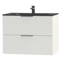 Tiger Studio Badkamermeubel 80 Cm Hoogglans Wit Met Wastafel Polybeton Mat Zwart Greep Rvs Plat -Badkamerwinkel Voor Thuis 123 1122