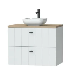 Tiger Maryport Badkamermeubelset 80 Cm Mat Wit Met Licht Eiken Wasblad, Keramische Opzetkom En Matzwarte Grepen