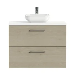 Tiger Badkamermeubel Studio 80 Cm Naturel Eik Met Keramische Waskom Hoogglans Wit En Ronde Grepen