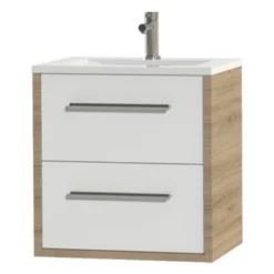 Tiger Badkamermeubel Boston 60 Cm Chalet Eik Met Polybeton Wastafel Wit En Ronde Grepen RVS -Badkamerwinkel Voor Thuis 123 144