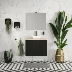 Tiger Maryport Badkamermeubelset 60 Cm Mat Zwart Met Licht Eiken Wasblad, Keramische Opzetkom En Matzwarte Grepen -Badkamerwinkel Voor Thuis 123 526