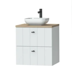 Tiger Maryport Badkamermeubelset 60 Cm Mat Wit Met Licht Eiken Wasblad, Witte Keramische Opzetkom En Matzwarte Grepen