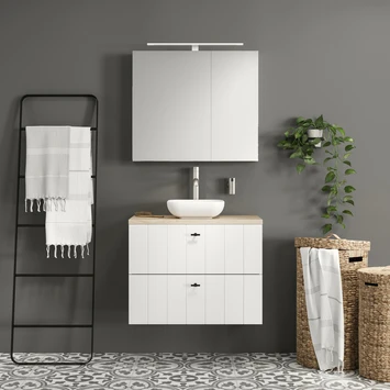 Tiger Maryport Badkamermeubelset 60 cm Mat wit met licht eiken wasblad, witte keramische opzetkom en matzwarte grepen Tiger Maryport Badkamermeubelset 60 Cm Mat Wit Met Licht Eiken Wasblad, Witte Keramische Opzetkom En Matzwarte Grepen -Badkamerwinkel Voor Thuis 123 605