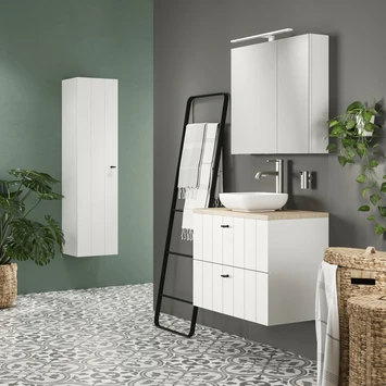 Tiger Maryport Badkamermeubelset 60 cm Mat wit met licht eiken wasblad, witte keramische opzetkom en matzwarte grepen Tiger Maryport Badkamermeubelset 60 Cm Mat Wit Met Licht Eiken Wasblad, Witte Keramische Opzetkom En Matzwarte Grepen -Badkamerwinkel Voor Thuis 123 606