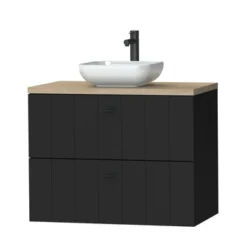 Tiger Maryport Badkamermeubelset 80 Cm Mat Zwart Met Licht Eiken Houten Wasblad, Keramische Opzetkom En Matzwarte Grepen