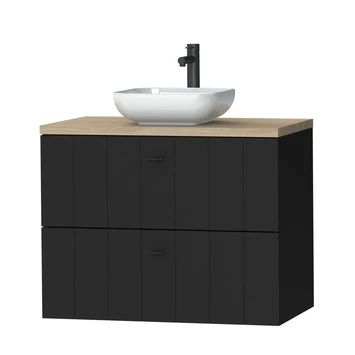 Tiger Maryport Badkamermeubelset 80 cm Mat zwart met licht eiken houten wasblad, keramische opzetkom en matzwarte grepen Tiger Maryport Badkamermeubelset 80 Cm Mat Zwart Met Licht Eiken Houten Wasblad, Keramische Opzetkom En Matzwarte Grepen -Badkamerwinkel Voor Thuis 123 686